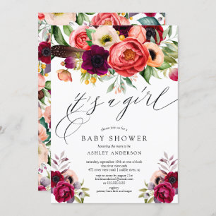 Boho Pink Purple Floral It's a Girl Baby Shower Invitation