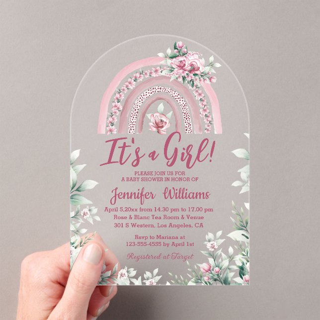 boho pink rainbow floral girl baby shower acrylic invitations (Insitu (Handheld))