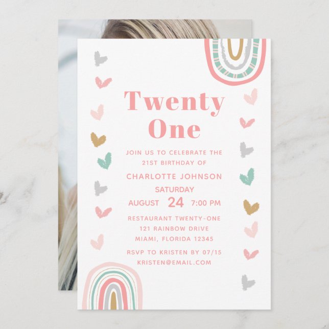 Boho Pink Rainbow Modern 21st Birthday Party Invitation (Front/Back)