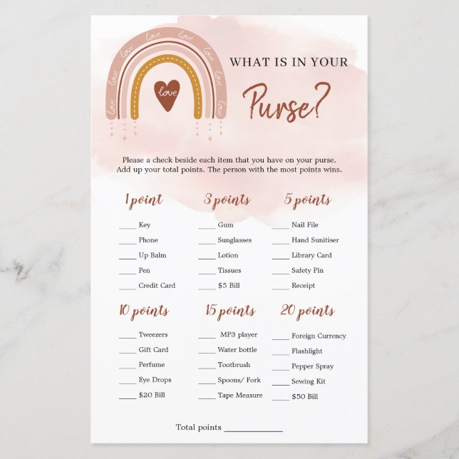Boho Pink Rainbow What is in Your Purse Game (Front)