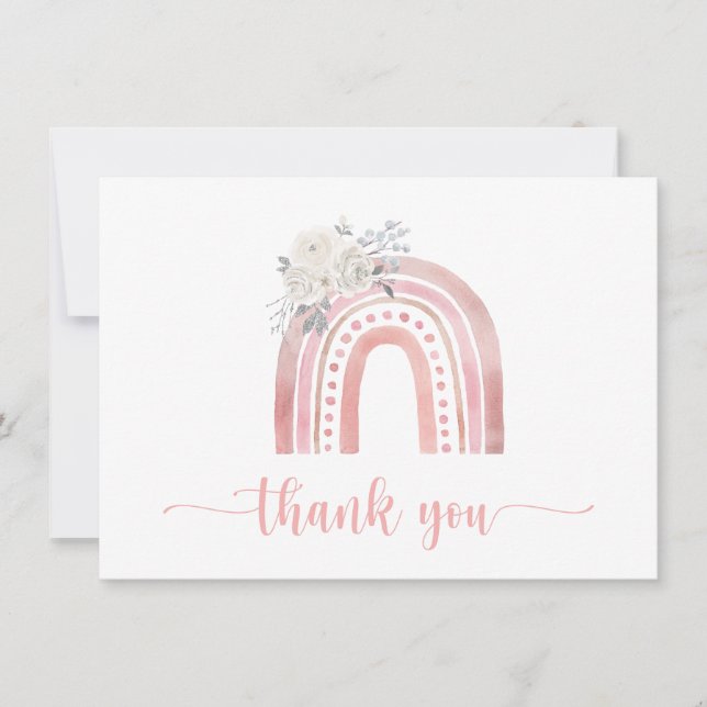 Boho Pink Rainbow with White Roses Thank You Card (Front)
