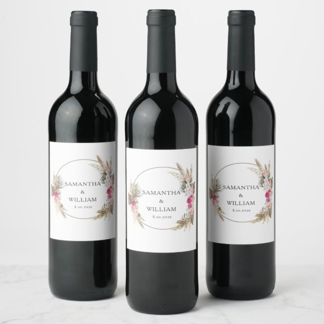Boho Pink Rose Floral Personalised Wedding Wine Label (Bottles)