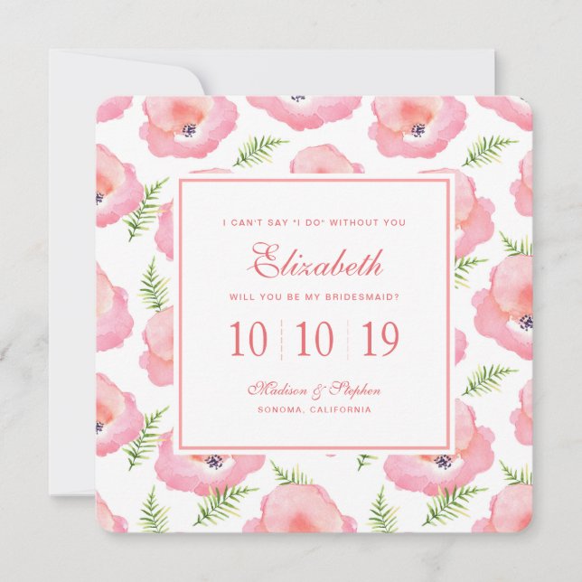 Boho Pink Rose Floral Watercolor - Bridesmaid Invitation (Front)