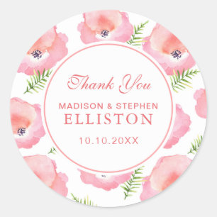 Boho Pink Rose Floral Watercolor   Thank You Classic Round Sticker
