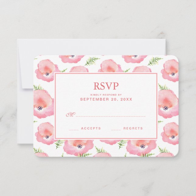 Boho Pink Rose Floral Watercolor - Wedding RSVP Card (Front)