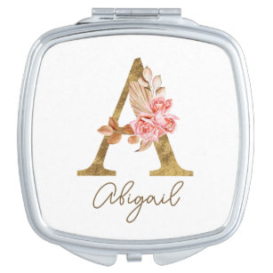 Boho Pink Roses and Gold Custom Letter A Monogram Compact Mirror