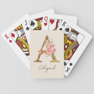 Boho Pink Roses and Gold Custom Letter A Monogram Playing Cards