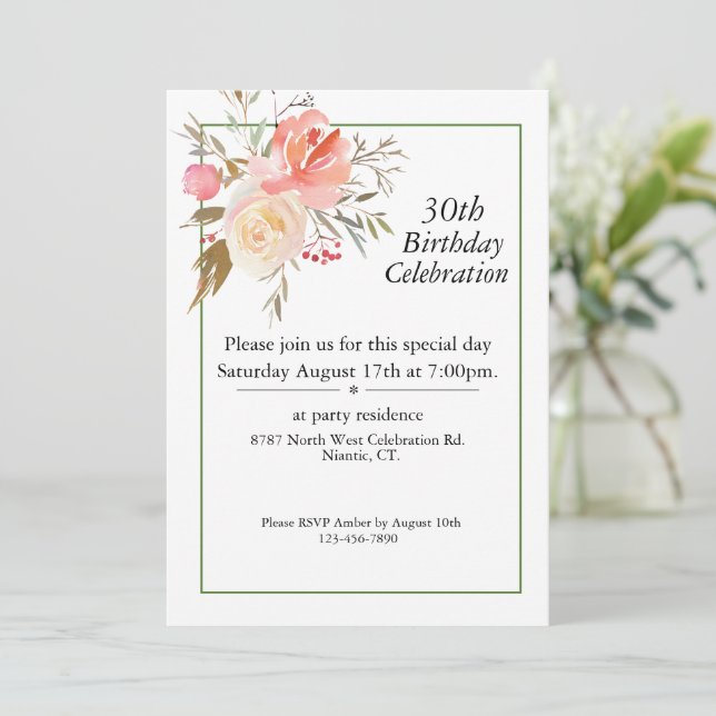 Boho Pink Roses, Customisable 30th Birthday Invitation (Standing Front)
