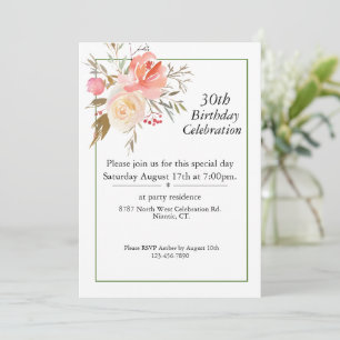 Boho Pink Roses, Customisable 30th Birthday Invitation