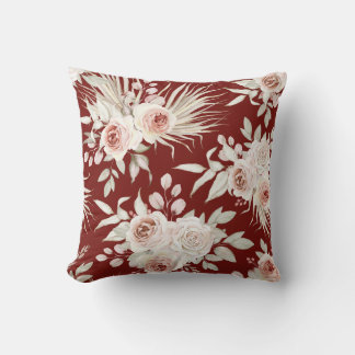 Boho Pink Roses on Burgundy Red Cushion