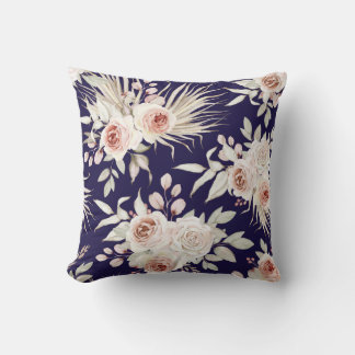 Boho Pink Roses on Navy Blue Cushion