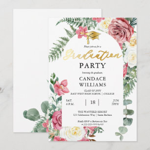 Boho Pink Roses   Orchids Floral Graduation Party Invitation