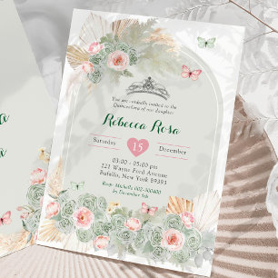 Boho Pink Sage Green Royal Crown Quinceañera Invitation