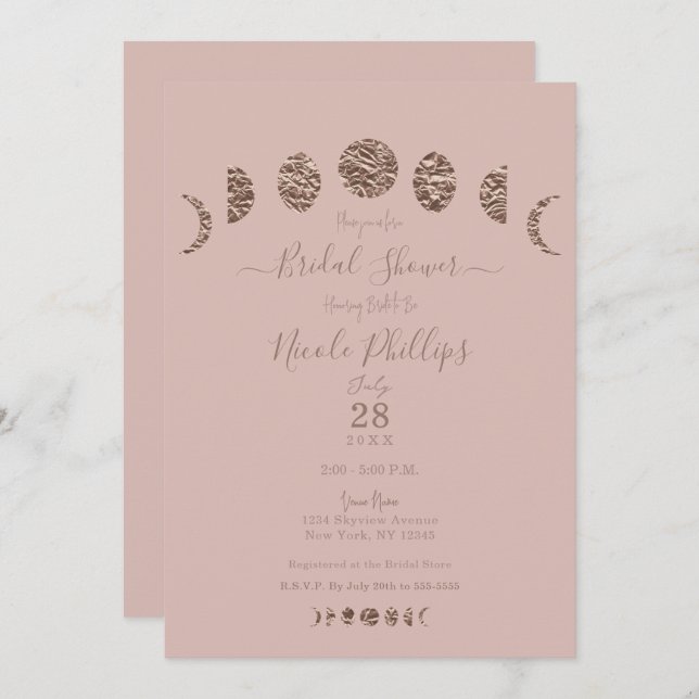 Boho Pink Shine Moon Phases Modern Bridal Shower  Invitation (Front/Back)