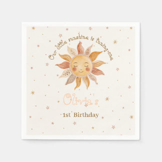Boho Pink Sun Girl 1st Birthday Napkin