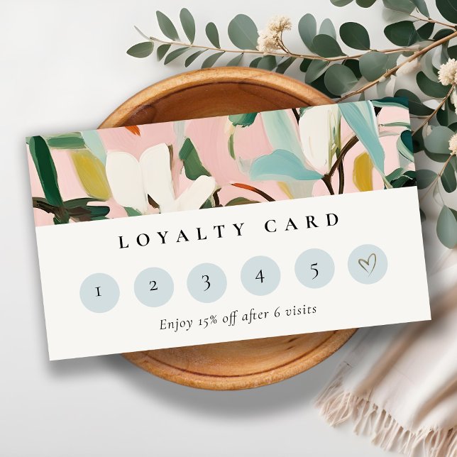 Boho Pink Teal Green Painted Floral Loyality  Business Card (Creator Uploaded)