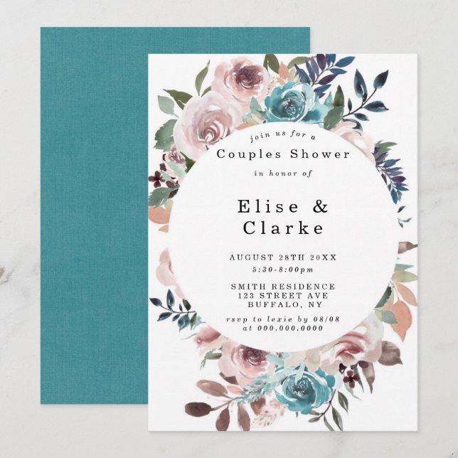 Boho Pink Teal Plum Peony Couples Shower Invites (Front/Back)