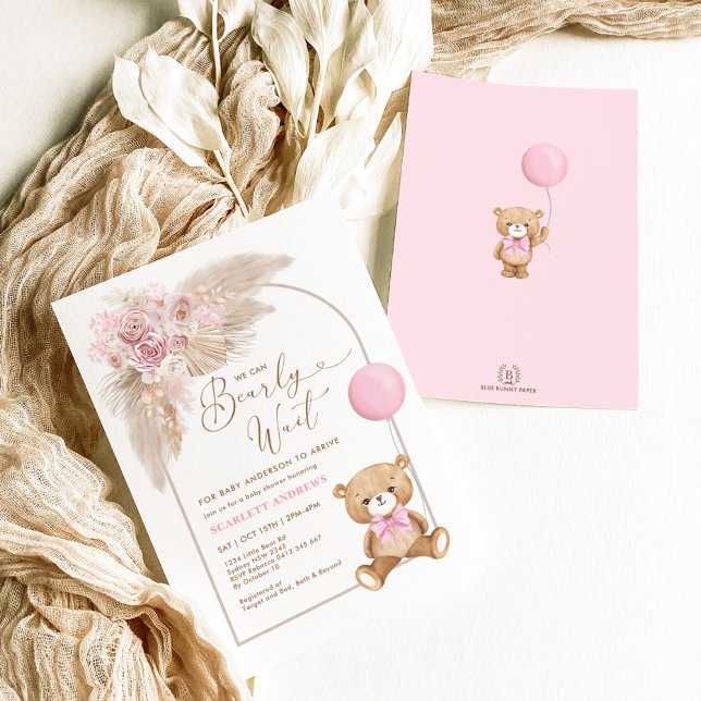 Boho Pink Teddy Bear Balloon Pampas Baby Girl Invitation (Creator Uploaded)