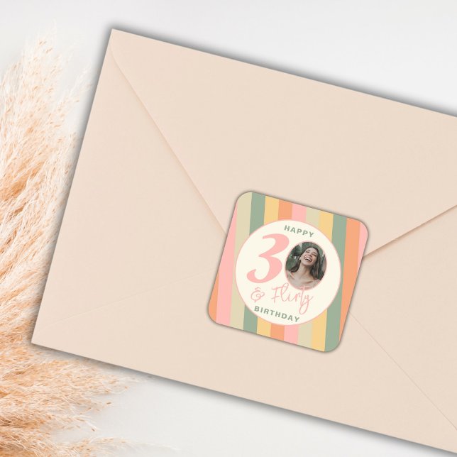 Boho Pink Thirty and Flirty Photo Birthday Party Square Sticker (Creator Uploaded)
