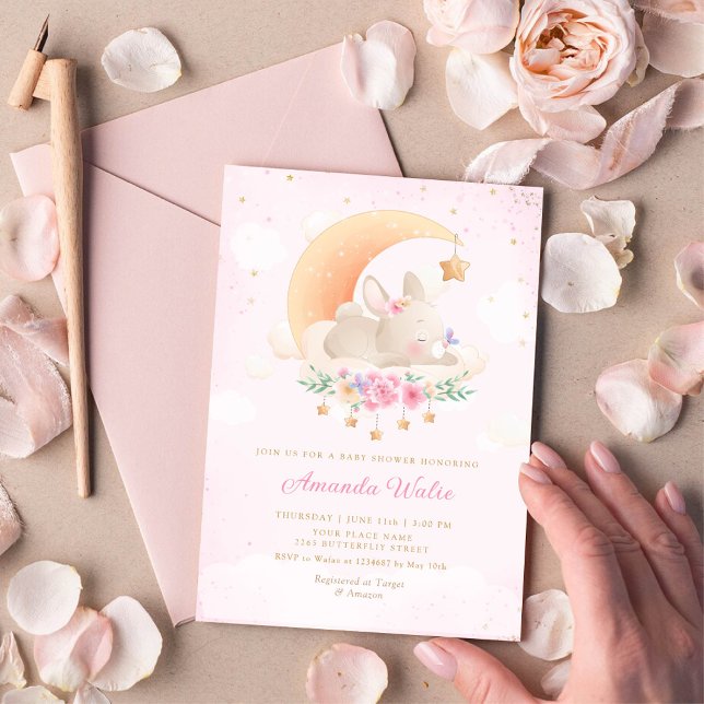Boho Pink Watercolor Cute Bunny Girl Baby Shower Invitation (Creator Uploaded)