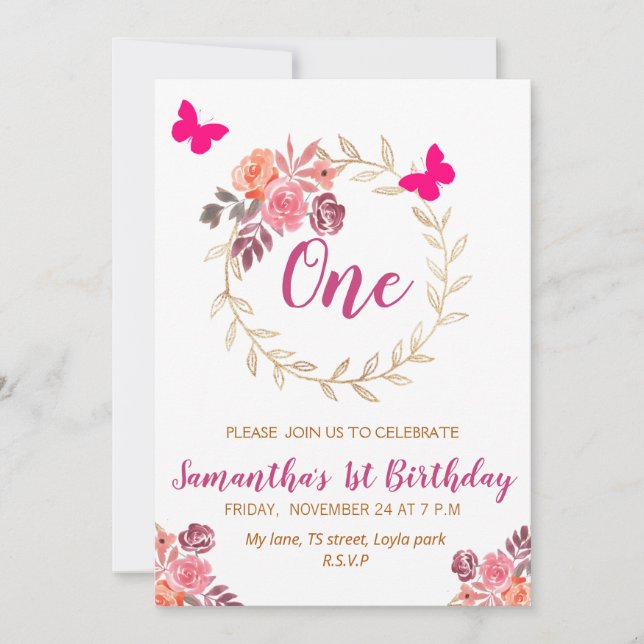 Boho Pink Watercolor Floral First Birthday  Invitation (Front)