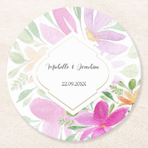 Boho Pink Watercolor Floral Hand-painted Round Paper Coaster