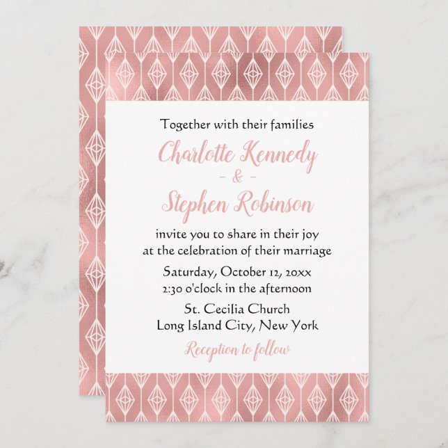 Boho Pink Wedding Rose Gold Tribal Diamonds Invitation (Front/Back)