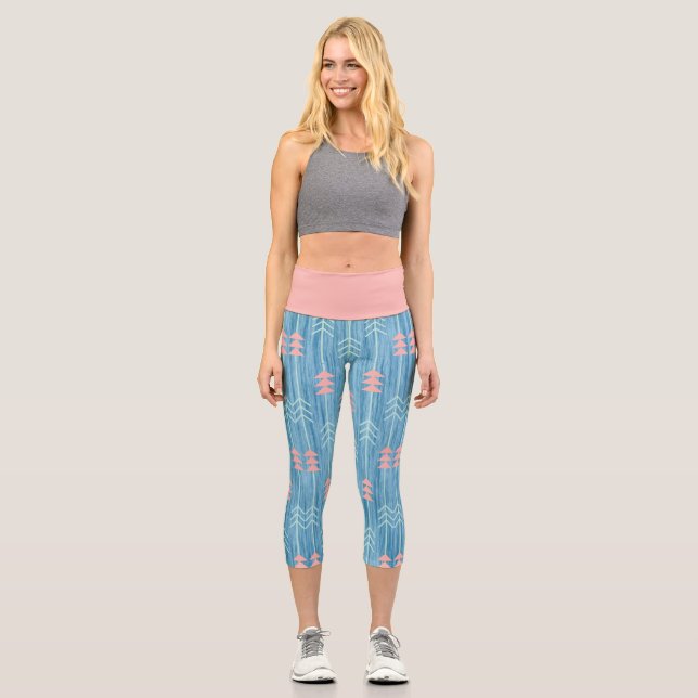 Boho Pink White Arrow Blue Background Capri Leggings (Front)