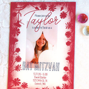 Boho Pink Wild Flowers Frame, Bat Mitzvah Photo Invitation