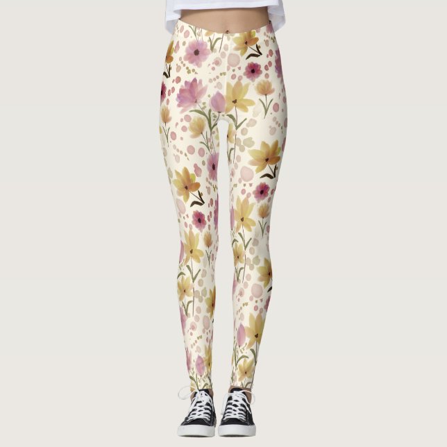 boho Pink Wildflower Watercolor  Leggings (Front)