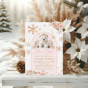 Boho Pink Winter Bear Its a Girl Baby Shower Invitation