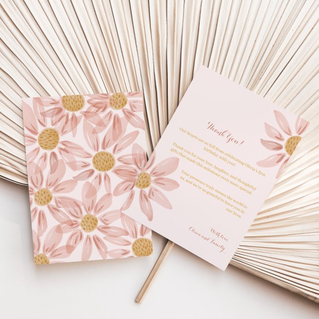 Boho Pink Yellow Daisy 1st Birthday Thank You Card (Creator Uploaded)