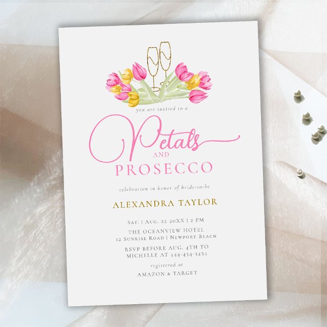 Boho Pink Yellow Tulip Gold Petals Prosecco Bridal Invitation (Creator Uploaded)