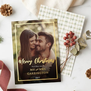 Boho Plaid First Married Christmas Photo Foil Holiday Card
