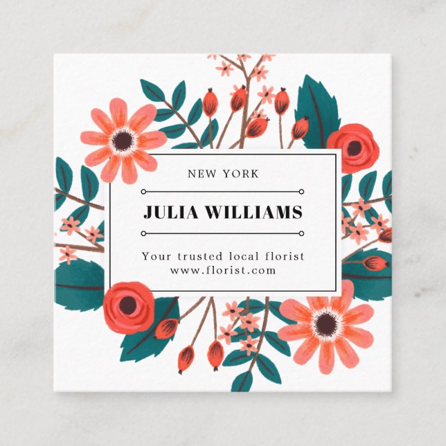 Boho plain white black frame floral flower bouquet square business card (Front)