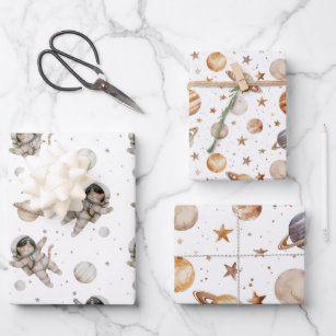 Boho planets, stars and space wrapping paper sheet