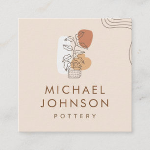 Boho Plant in a Pot Bohemian Pottery Ceramic Art   Square Business Card
