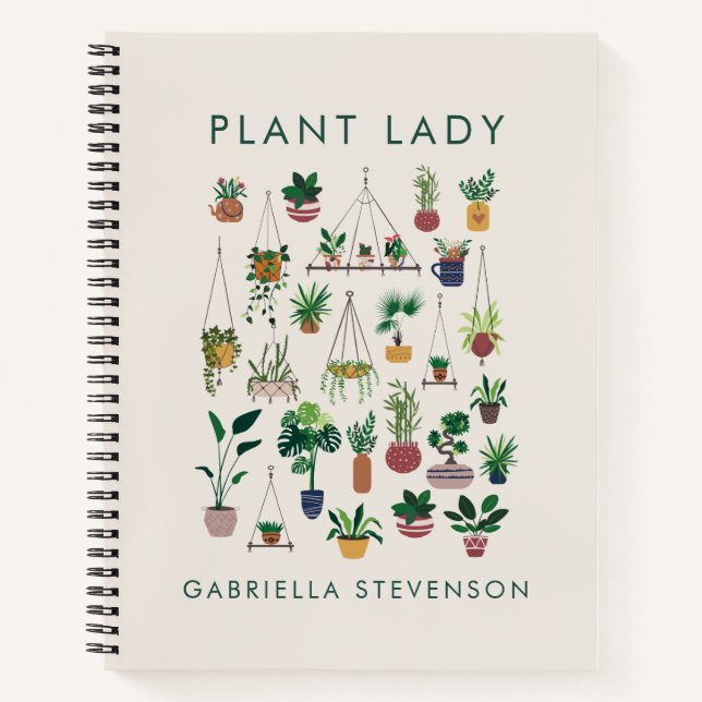 Boho Plant Lady Illustration Art Personalised Name Notebook (Front)