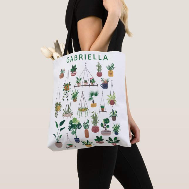 Boho Plant Lady Illustration Art Personalised Tote Bag (Close Up)