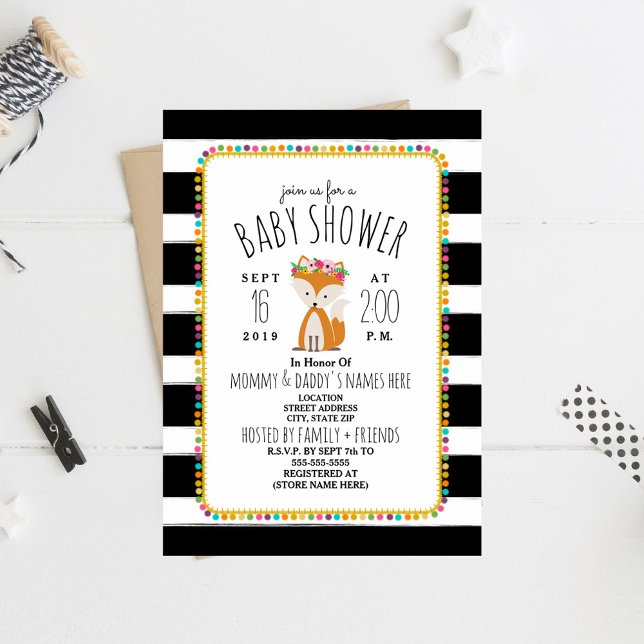 Boho Pom Poms + Stripes Fox Baby Shower Invitation (Creator Uploaded)