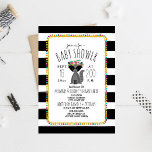 Boho Pom Poms + Stripes Racoon Baby Shower Invitation