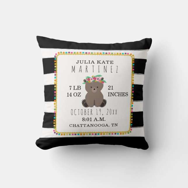 Boho Pompom Stripe Bear Baby Girl Birth Stats Cushion (Front)