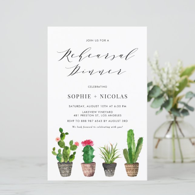 Boho Potted Cactus Rehearsal Dinner Invitation (Standing Front)