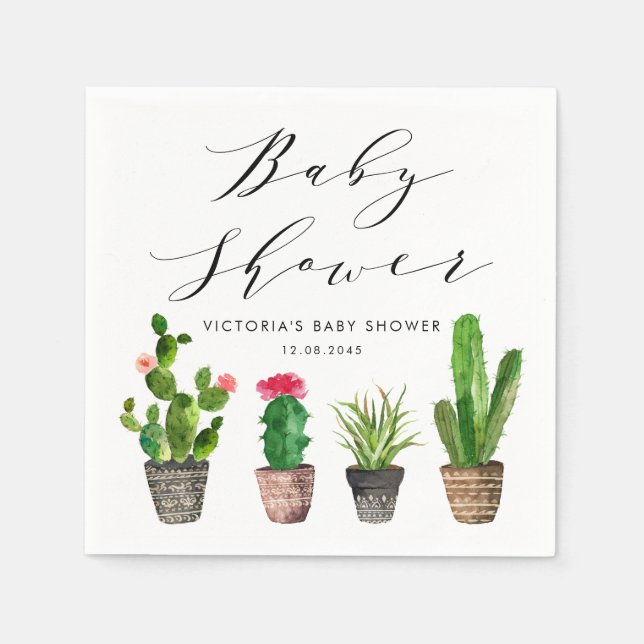 Boho Potted Succulents and Cactus Baby Shower Napkin (Front)