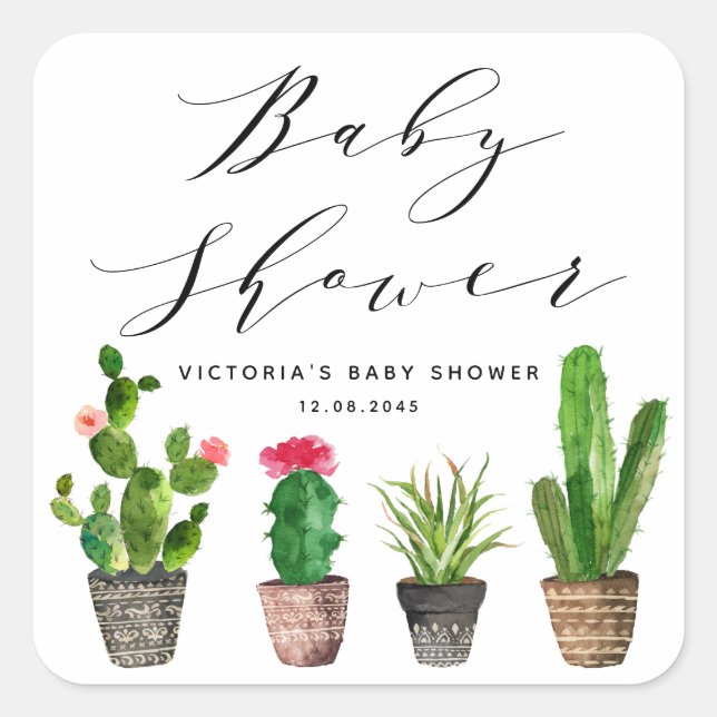 Boho Potted Succulents and Cactus Baby Shower Square Sticker (Front)