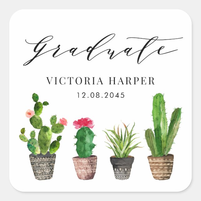 Boho Potted Succulents and Cactus Graduation Square Sticker (Front)