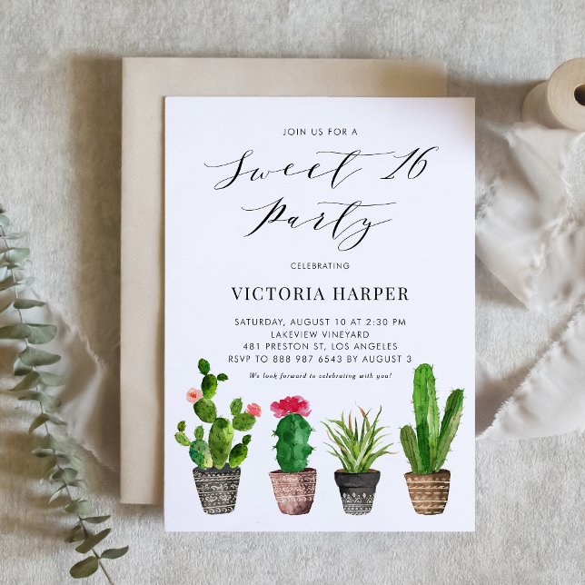 Boho Potted Succulents and Cactus Sweet 16 Party Invitation (Creator Uploaded)