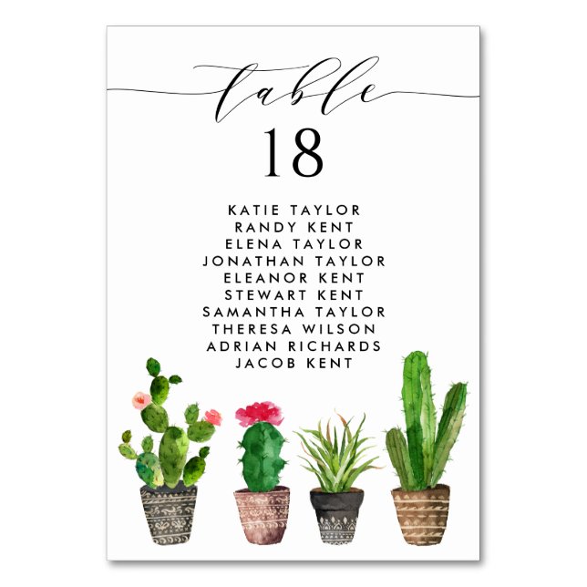 Boho Potted Succulents and Cactus Wedding Seating Table Number (Front)