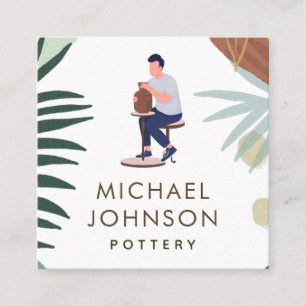 Boho Pottery Man Illustration Pastel Colour Minima Square Business Card