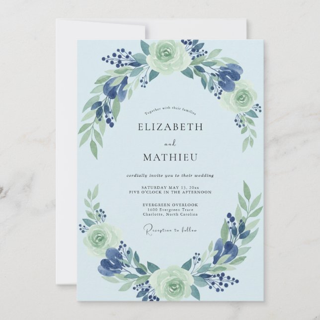 Boho Powder Azure Leafy Wedding Invitation (Front)